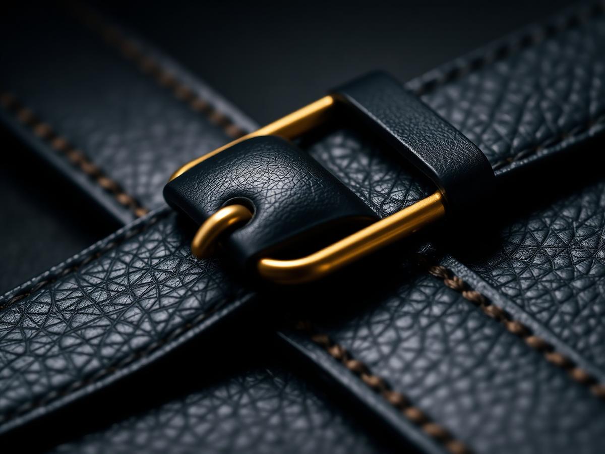 Close-up of brushed gold hardware on full-grain leather